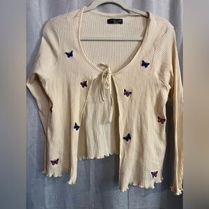 Butterfly Ribbed Long Sleeve cream colored cardigan with Tie Front